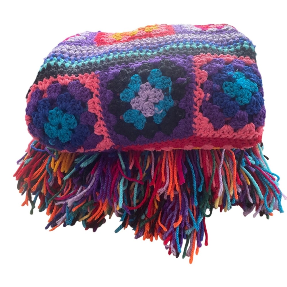 Vintage Handmade Granny Square Crochet Blanket Rainbow Boho Fringe Throw 82x49